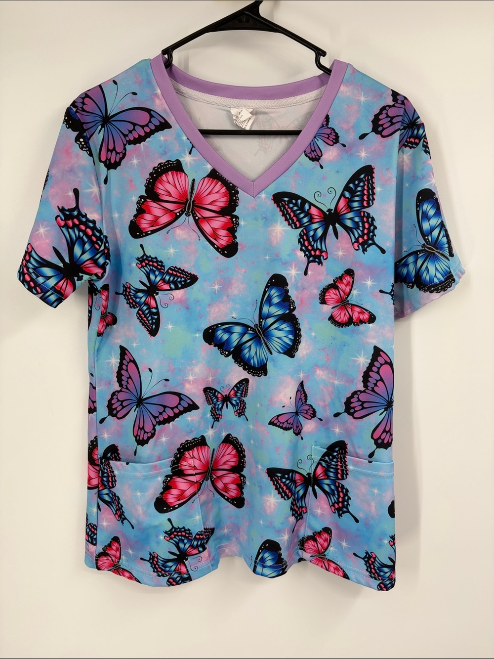 Blue and Purple Butterfly Print Short Sleeve Scrub Top Size Medium